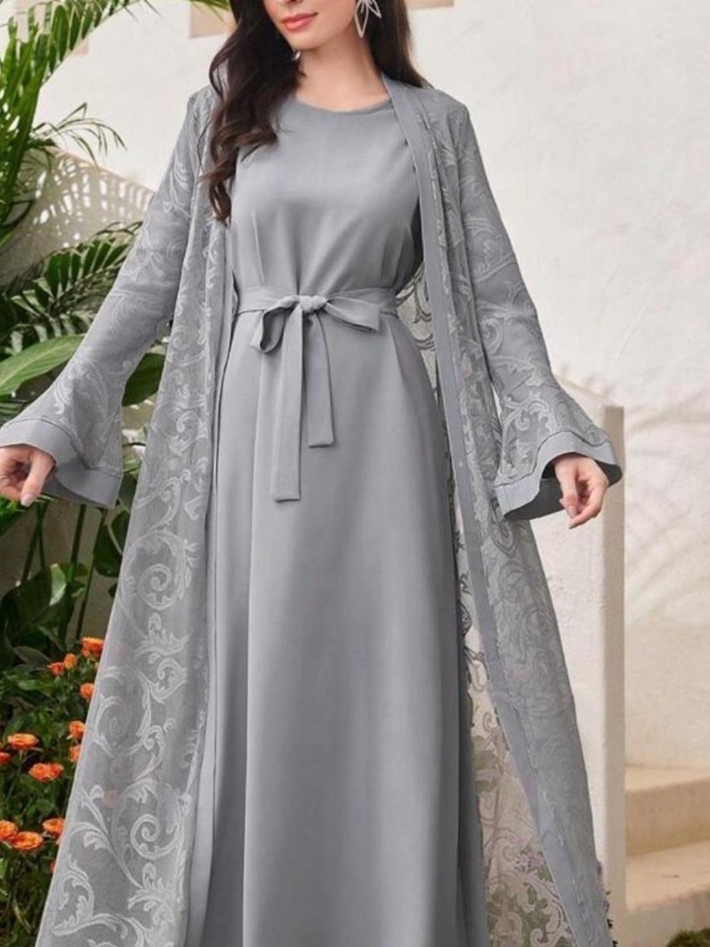 Elegant Grey Long Dress And Lace Kimono Set Size 4